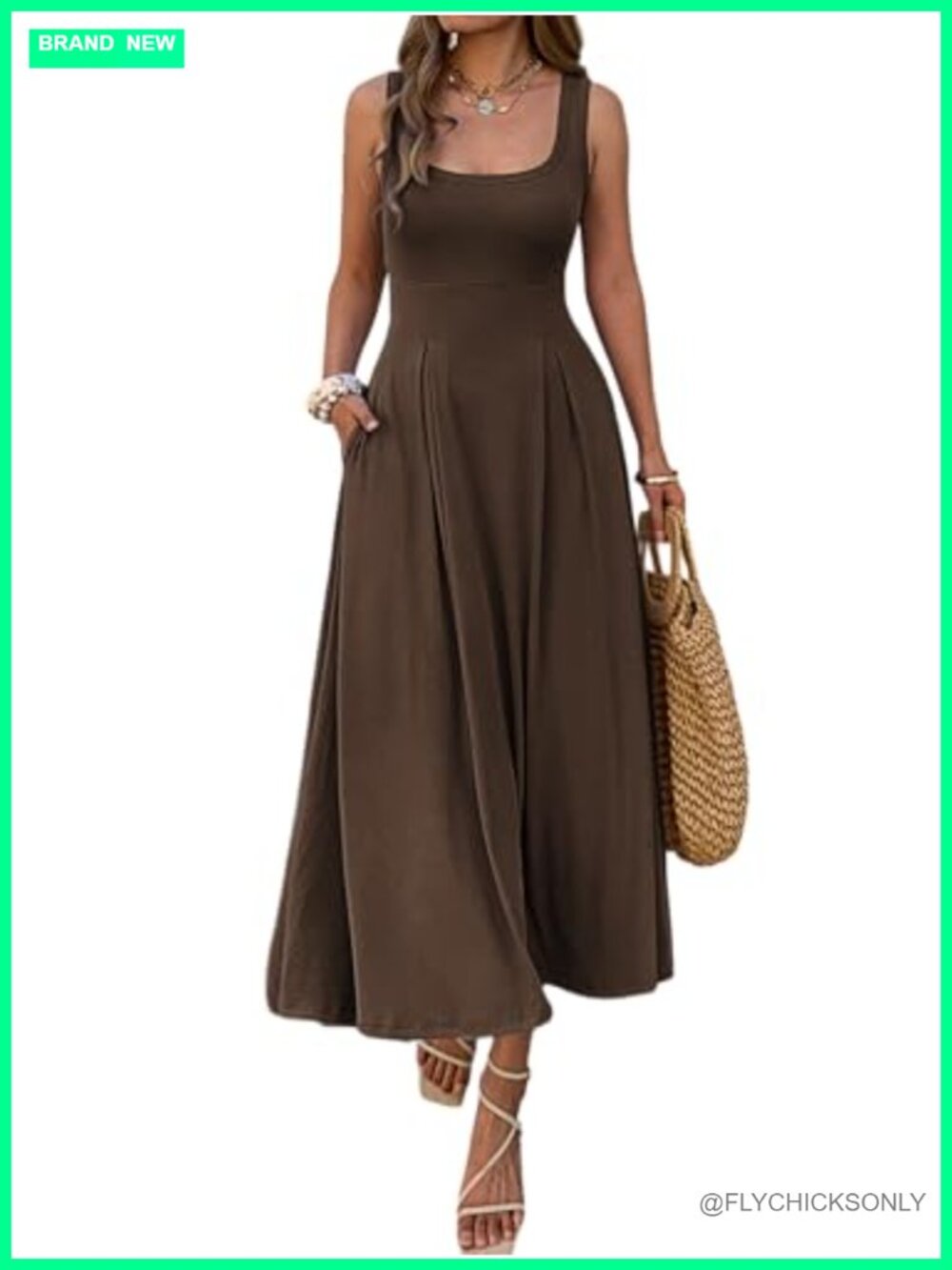 Sleeveless Empire Maxi Dress Square Neck A-Line Pleated Flowy Casual with